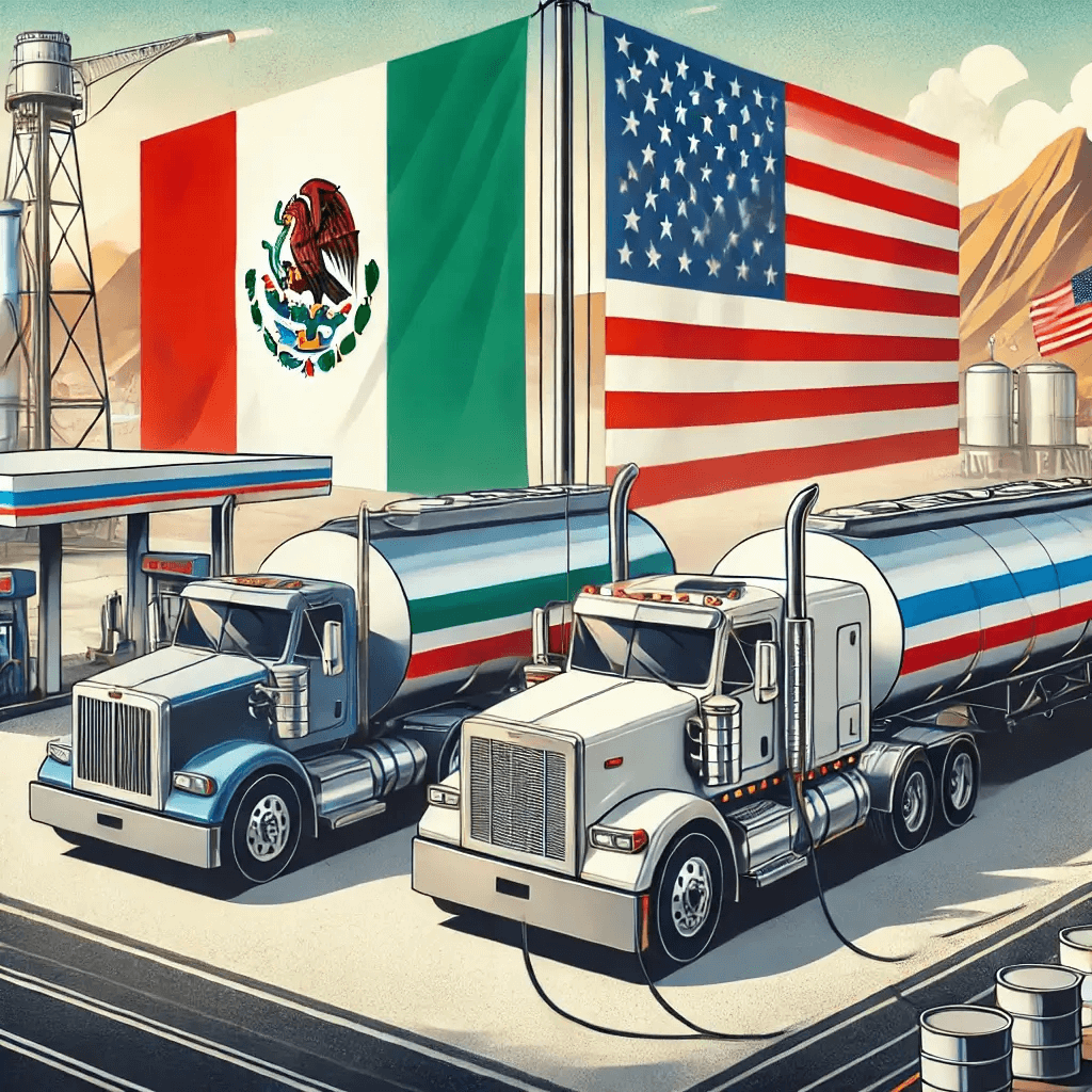 DALL·E 2024-08-15 16.54.41 - A scene depicting both Mexican and American fuel tanker trucks. The image should feature a Mexican tanker truck on one side and an American tanker tru-1(1)